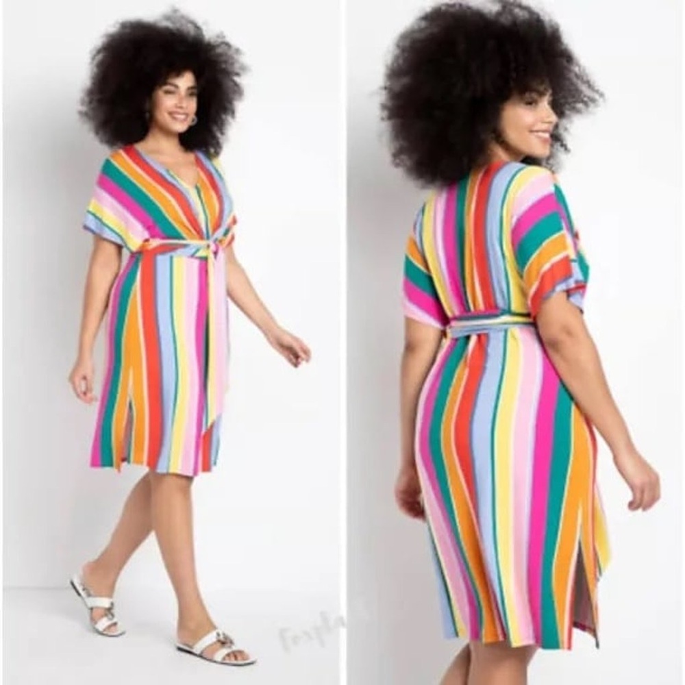 Rainbow stripe color block Eloquii wrap around dress size 26